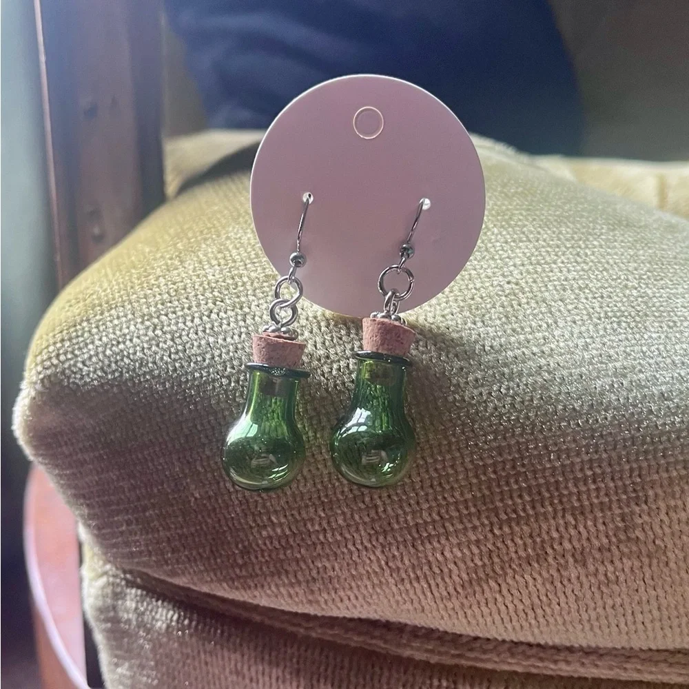 Green Glass Potion Bottle Earrings | Handmade